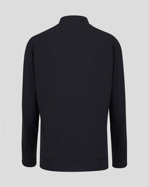 Back view of black junior track jacket with high collar and clean silhouette