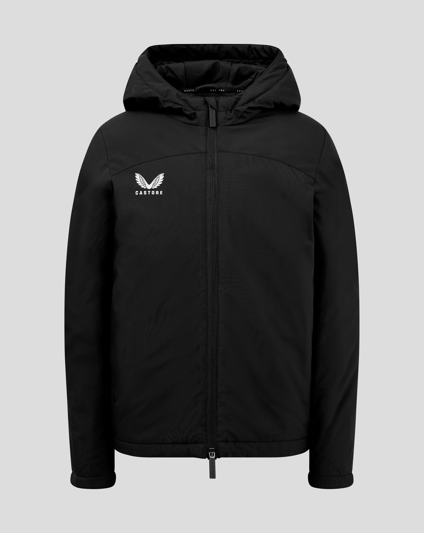 Black junior standard length bench jacket with hood and white Castore logo on the chest