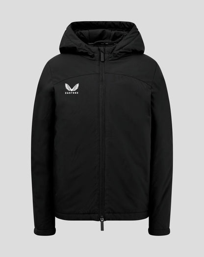 Black junior standard length bench jacket with hood and white Castore logo on the chest