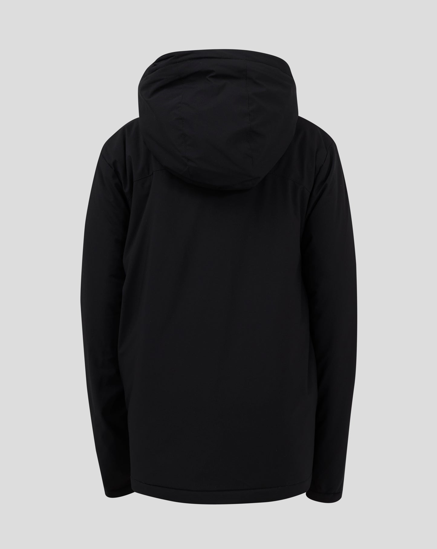 Back view of black Junior Standard Length Bench Jacket with hood.