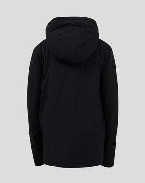 Back view of black Junior Standard Length Bench Jacket with hood.