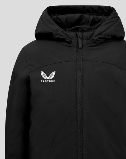 Close-up of hood and zipper on black bench jacket with CASTORE branding and chest logo.