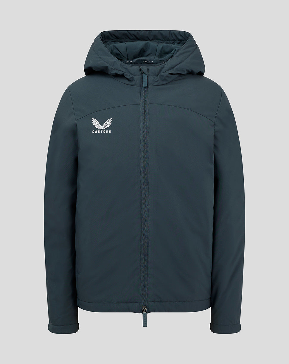 Front view of dark slate Junior Standard Length Bench Jacket with hood and full-length zipper; white Castore logo on the chest.