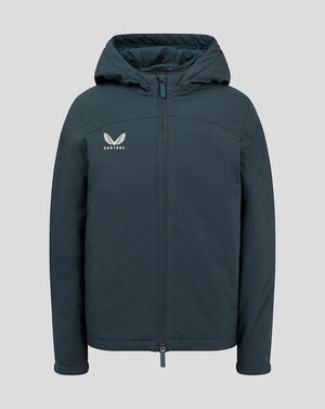 Front view of dark slate Junior Standard Length Bench Jacket with hood and full-length zipper; white Castore logo on the chest.