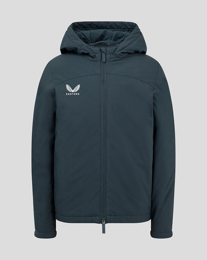Front view of dark slate Junior Standard Length Bench Jacket with hood and full-length zipper; white Castore logo on the chest.