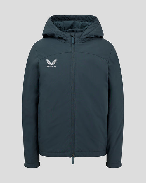Front view of dark slate Junior Standard Length Bench Jacket with hood and full-length zipper; white Castore logo on the chest.