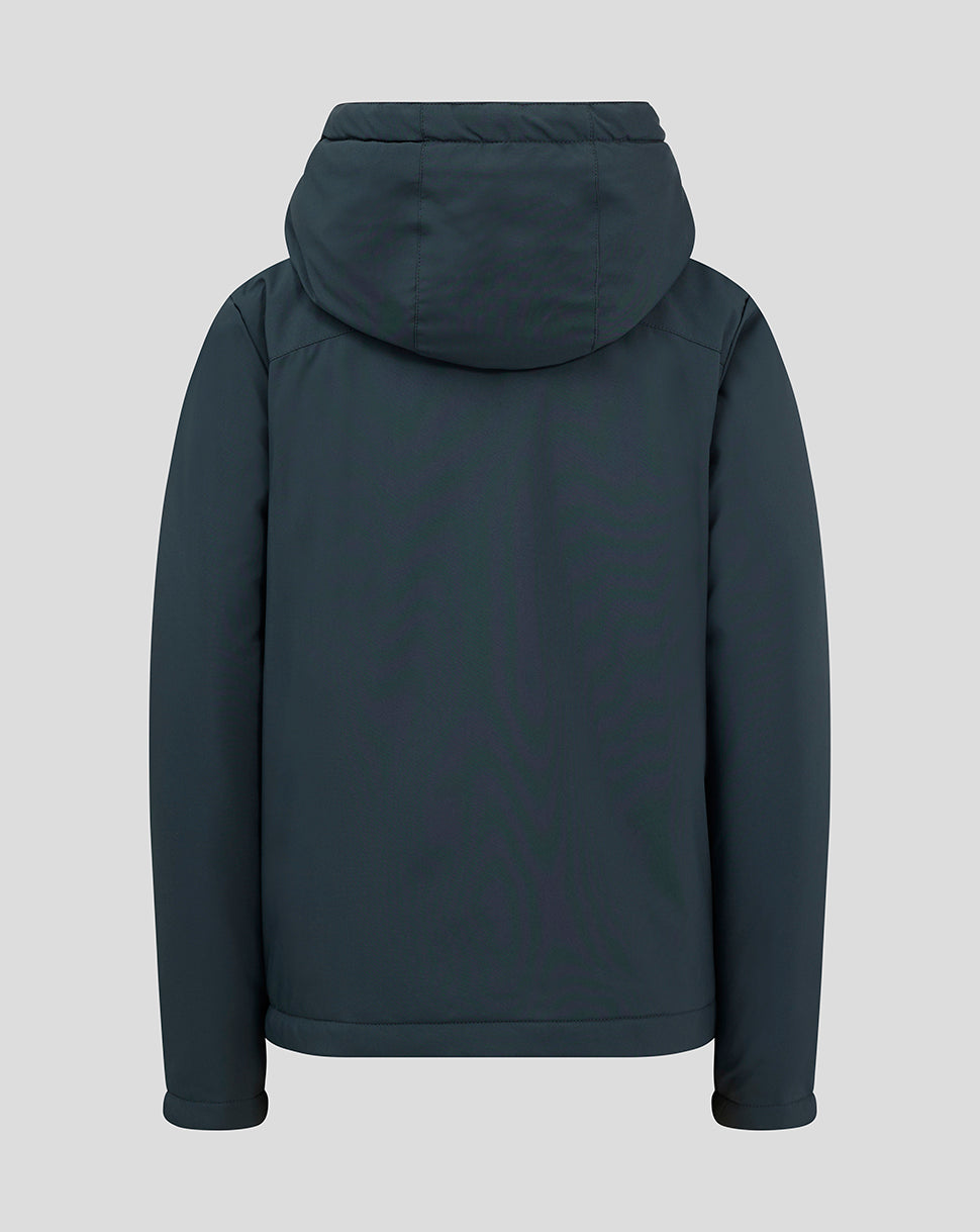 Back view of dark slate Junior Standard Length Bench Jacket with hood and clean silhouette.