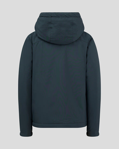 Back view of dark slate Junior Standard Length Bench Jacket with hood and clean silhouette.