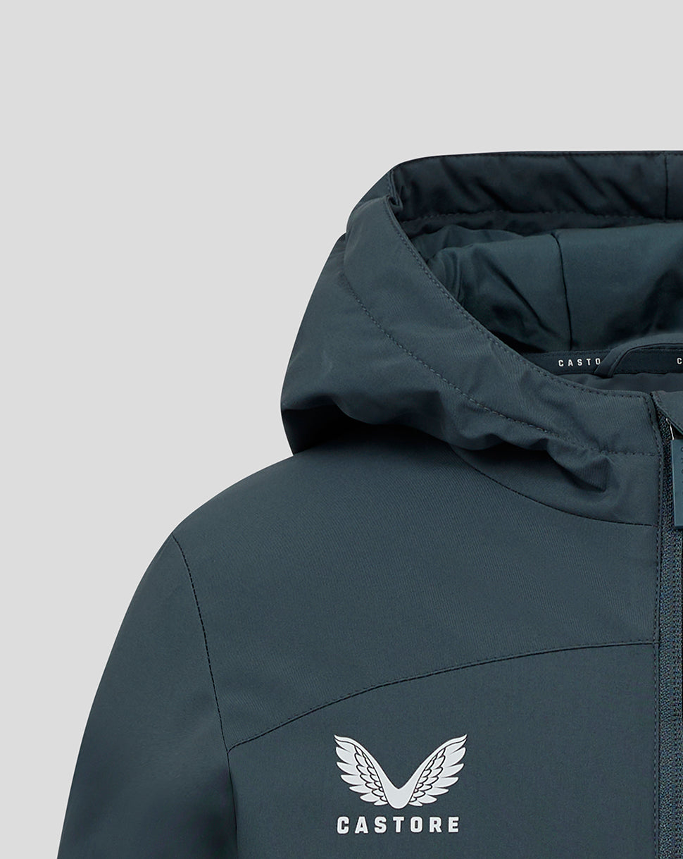 Close-up of hood and upper chest on the dark slate jacket showing the white Castore logo.