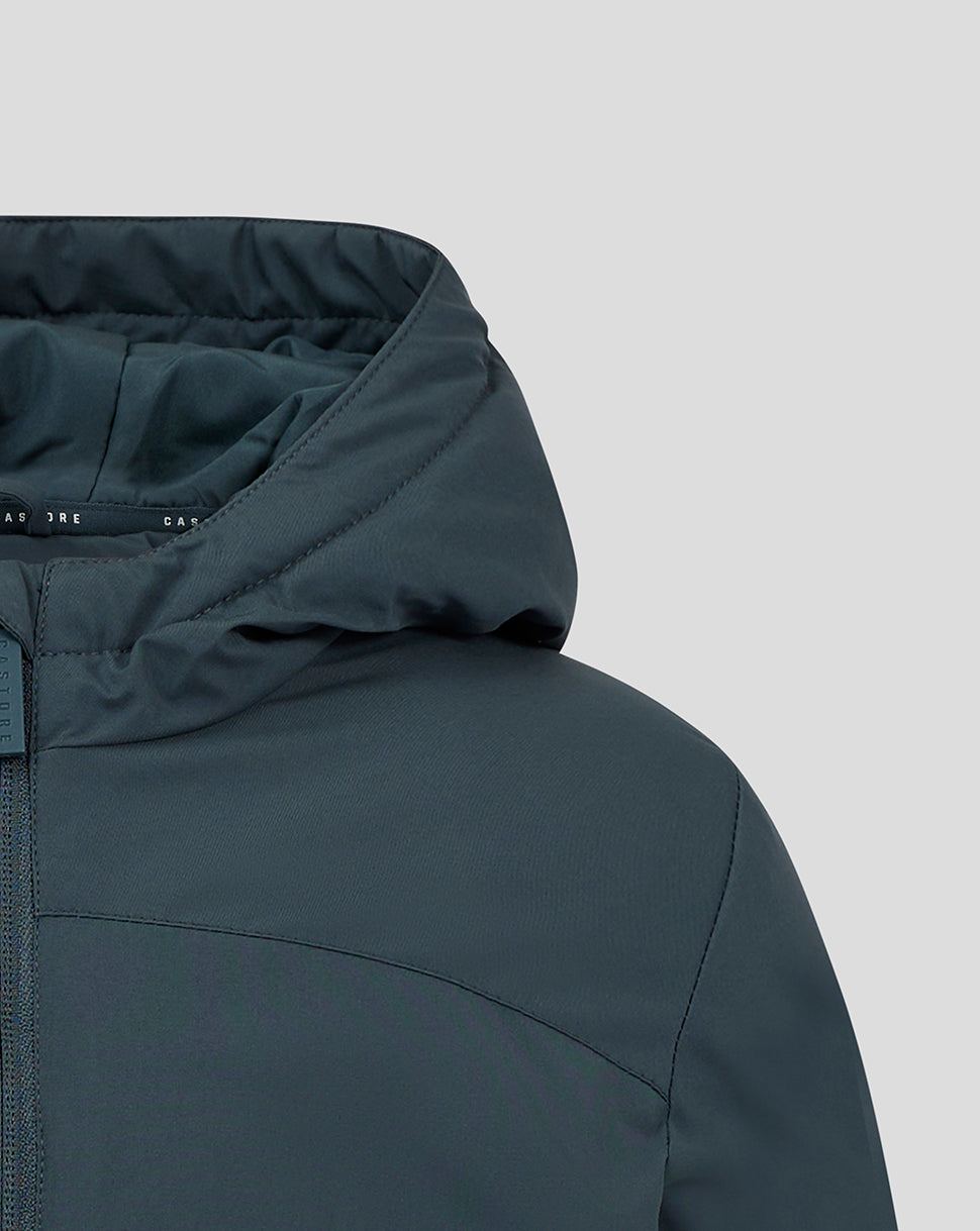 Hooded collar of Junior Standard Length Bench Jacket in dark slate