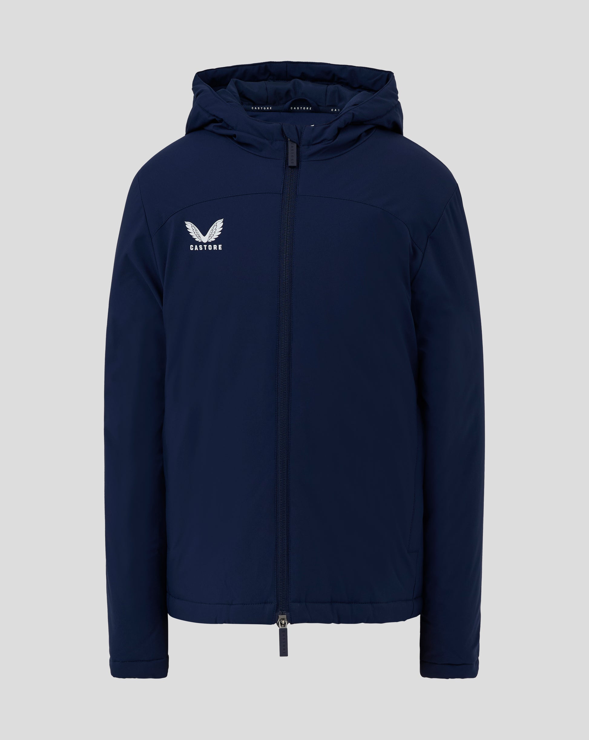 Navy junior Bench Jacket with hood and full zip, Castore logo on the left chest.