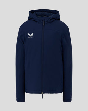 Navy junior Bench Jacket with hood and full zip, Castore logo on the left chest.