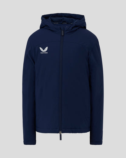 Navy junior Bench Jacket with hood and full zip, Castore logo on the left chest.