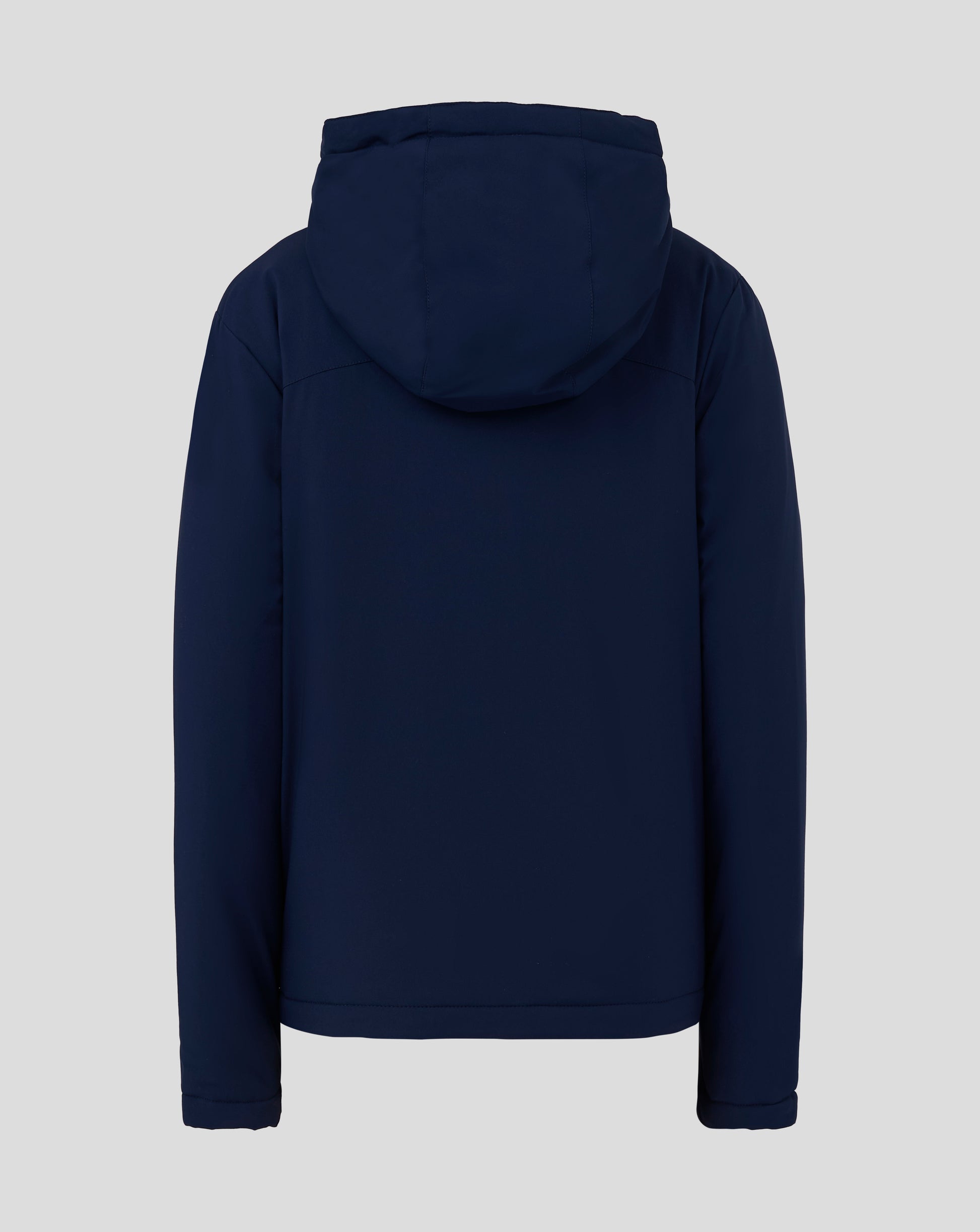 Back view of navy Junior Bench Jacket with hood up, showcasing padded panels and clean seams.