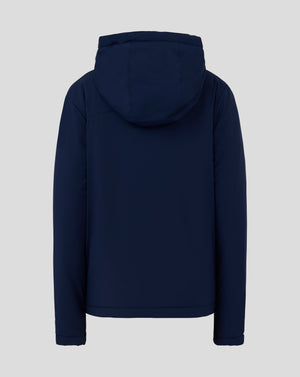 Back view of navy Junior Bench Jacket with hood up, showcasing padded panels and clean seams.