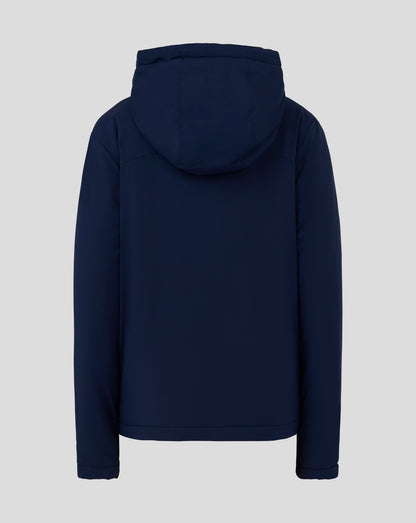Back view of navy Junior Bench Jacket with hood up, showcasing padded panels and clean seams.