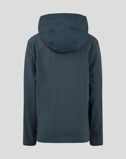 Back view of dark slate hooded junior rain jacket with a roomy hood and clean panel seams