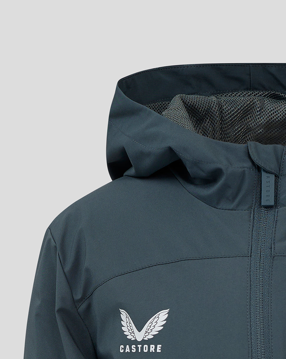 Close-up of hooded jacket showing mesh inner lining and Castore logo on the chest near the zipper