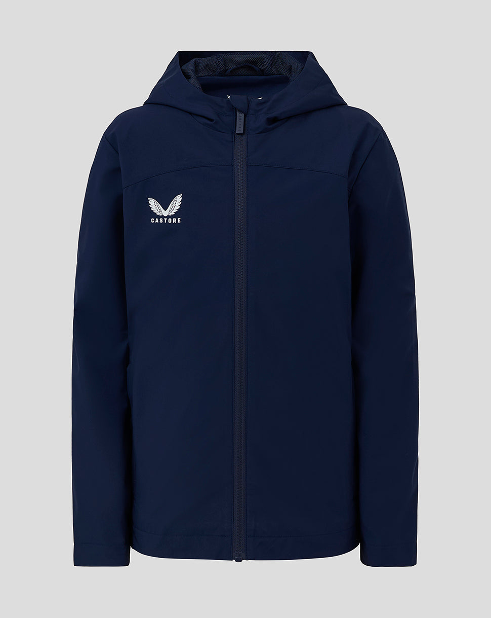 Front view of navy Junior Rain Jacket with hood and Castore logo on chest