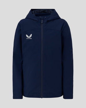 Front view of navy Junior Rain Jacket with hood and Castore logo on chest