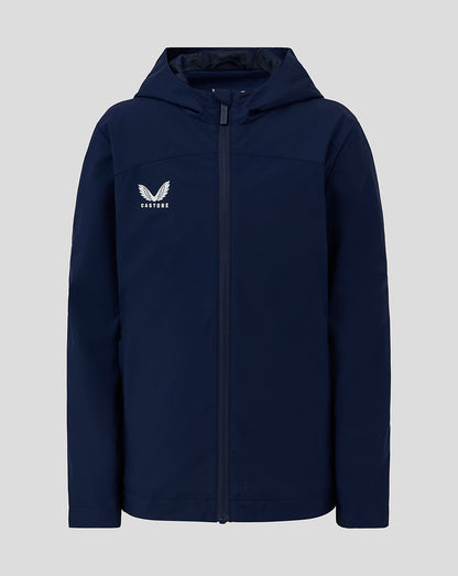 Front view of navy Junior Rain Jacket with hood and Castore logo on chest