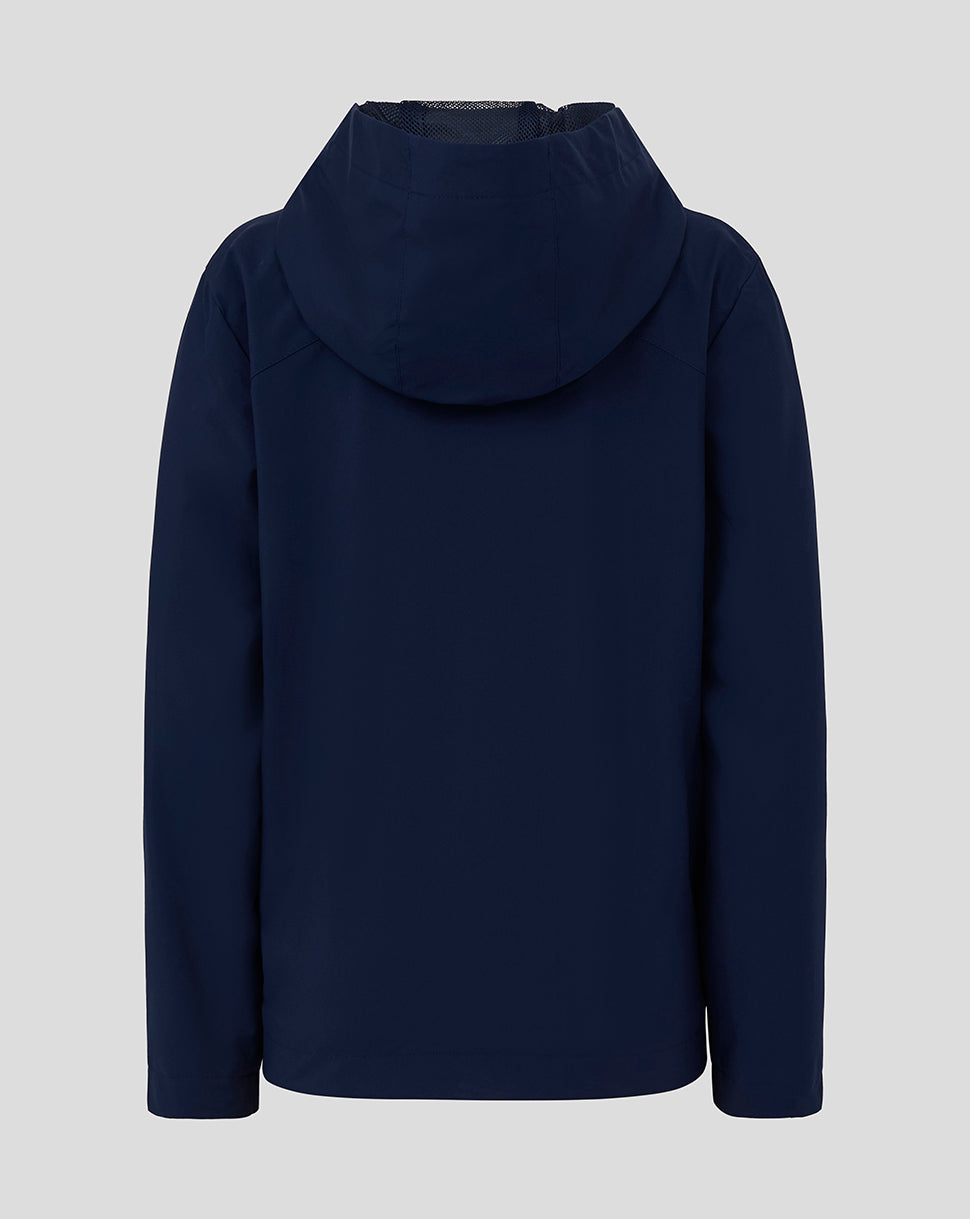 Back view of navy Junior Rain Jacket with hood