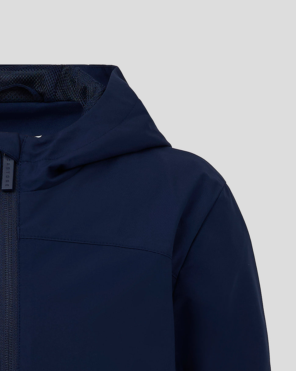 Navy Junior Rain Jacket close up with hood interior mesh lining and zip pull.
