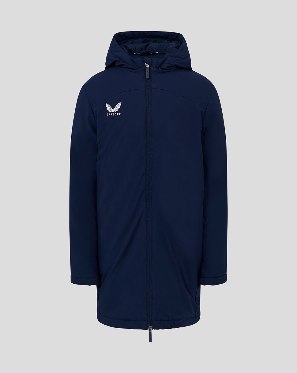 Front view of navy Junior Long Bench Jacket with hood and full zipper, Castore logo on chest.