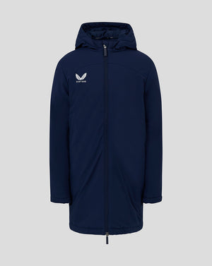 Front view of navy Junior Long Bench Jacket with hood and full zipper, Castore logo on chest.