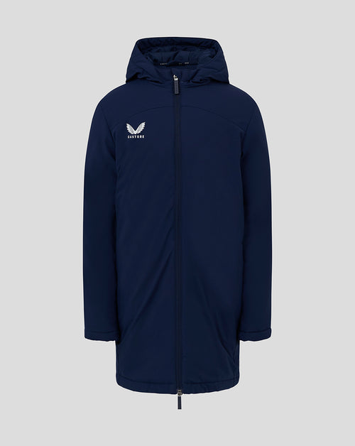 Front view of navy Junior Long Bench Jacket with hood and full zipper, Castore logo on chest.