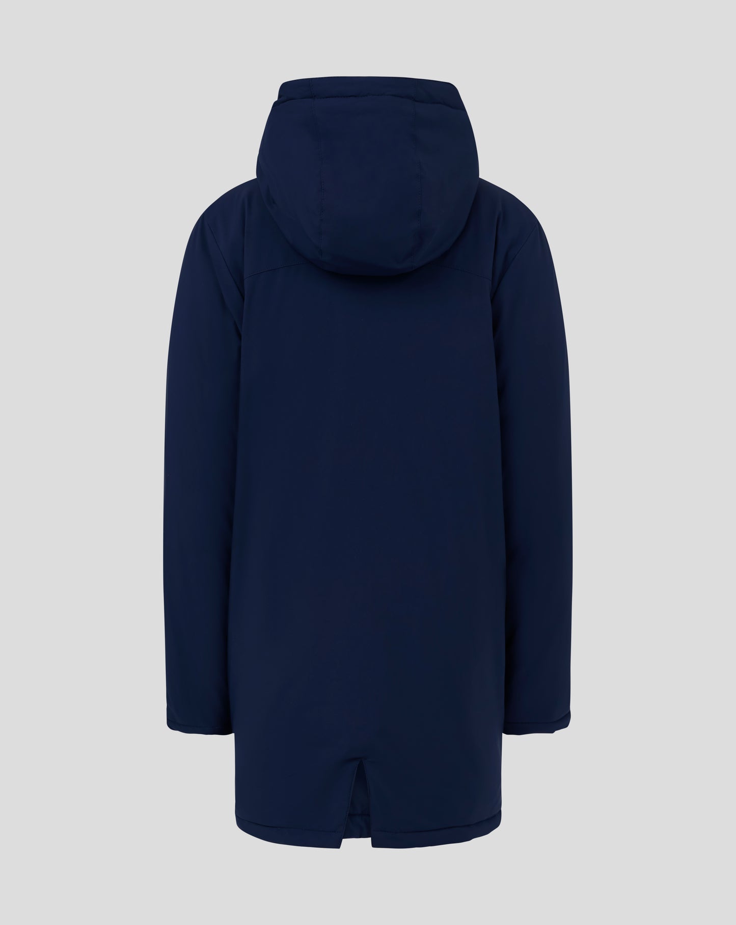 Back view of navy Junior Long Bench Jacket with hood, extended length and clean silhouette.