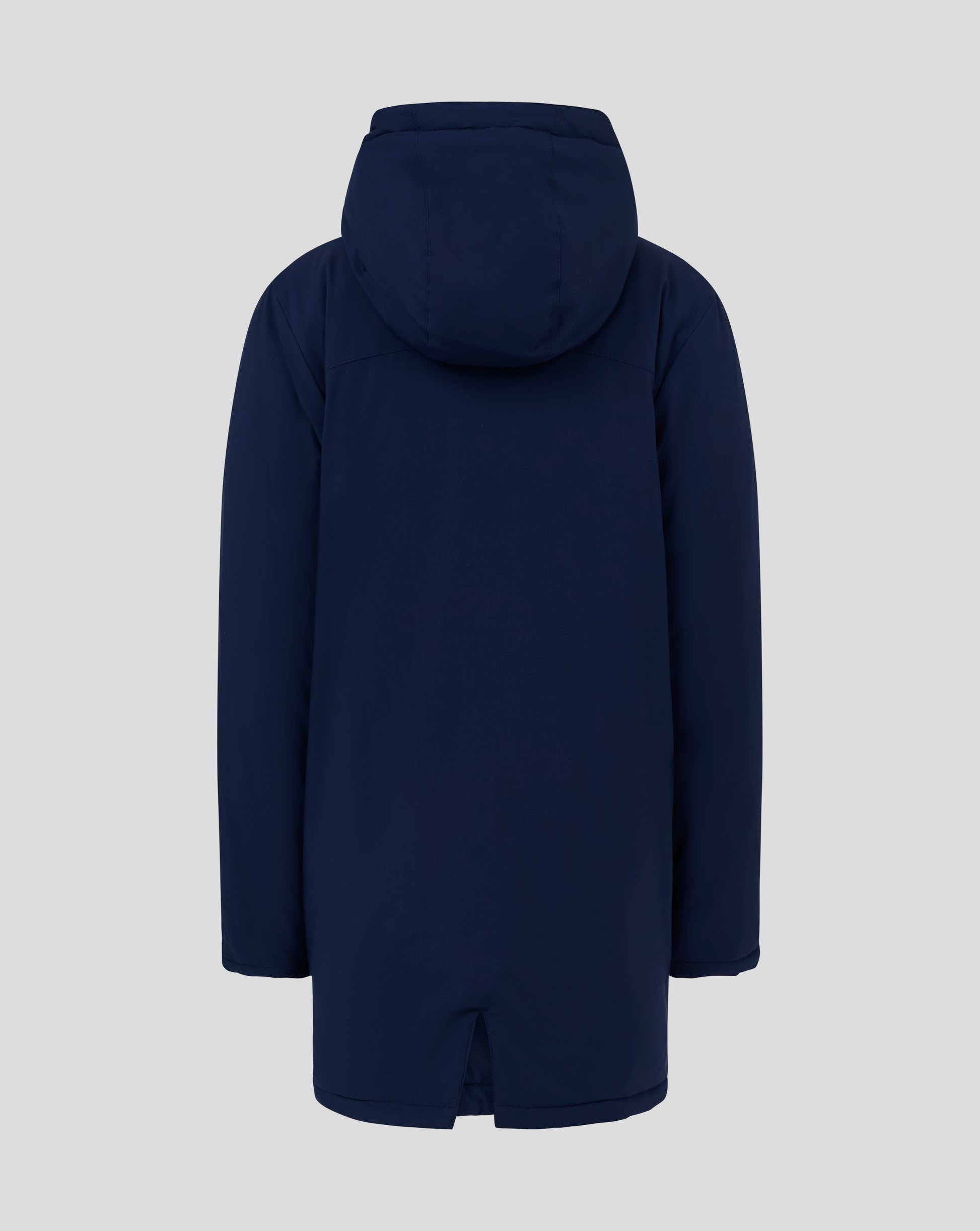 Back view of navy Junior Long Bench Jacket with hood, extended length and clean silhouette.