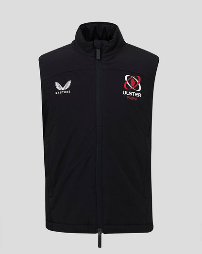 Front view of black ULSter Junior 24/25 padded gilet with full front zip and high collar featuring Castore logo on the left chest and Ulster Rugby crest on the right.