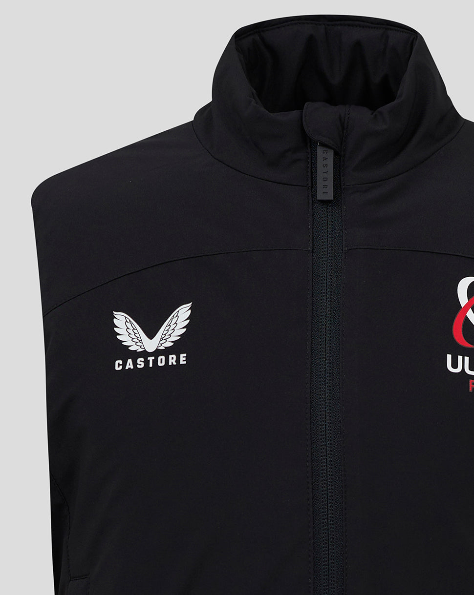 Front close up of black padded gilet showing Castore wing logo on left chest and ULSter emblem on right chest