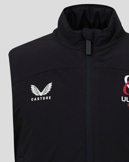 Front close up of black padded gilet showing Castore wing logo on left chest and ULSter emblem on right chest