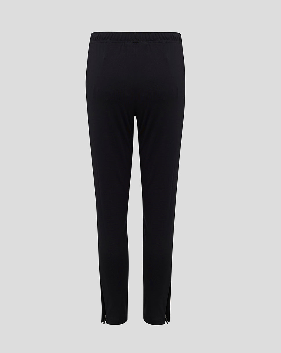 Back view of black slim fit pants with zippers at the bottom hems