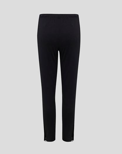 Back view of black slim fit pants with zippers at the bottom hems