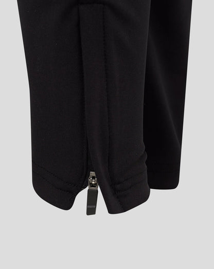 Close up of black pant leg with a visible zipper at the ankle and clean seam