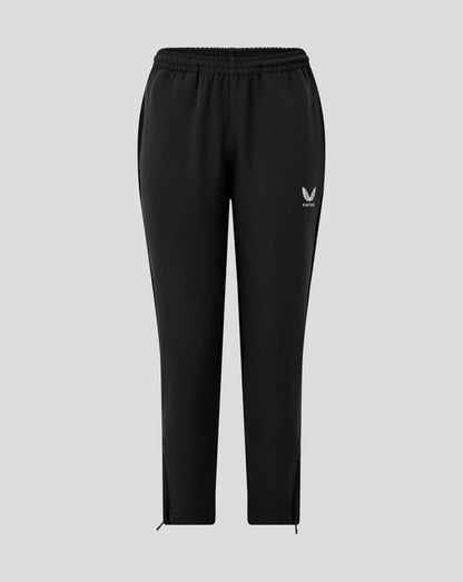 Front view of black Junior Track Pant with drawcord waist and Castore logo at the hip