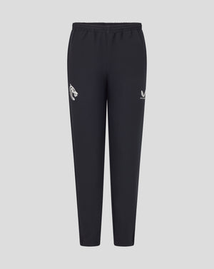 Front view of junior Leicester Tigers training track pants in dark navy with a tiger head on the left leg and a laurel emblem on the right.