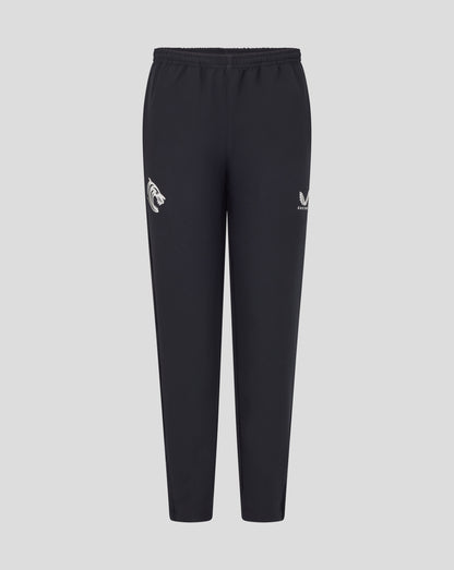 Front view of junior Leicester Tigers training track pants in dark navy with a tiger head on the left leg and a laurel emblem on the right.