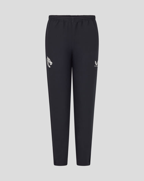Front view of junior Leicester Tigers training track pants in dark navy with a tiger head on the left leg and a laurel emblem on the right.