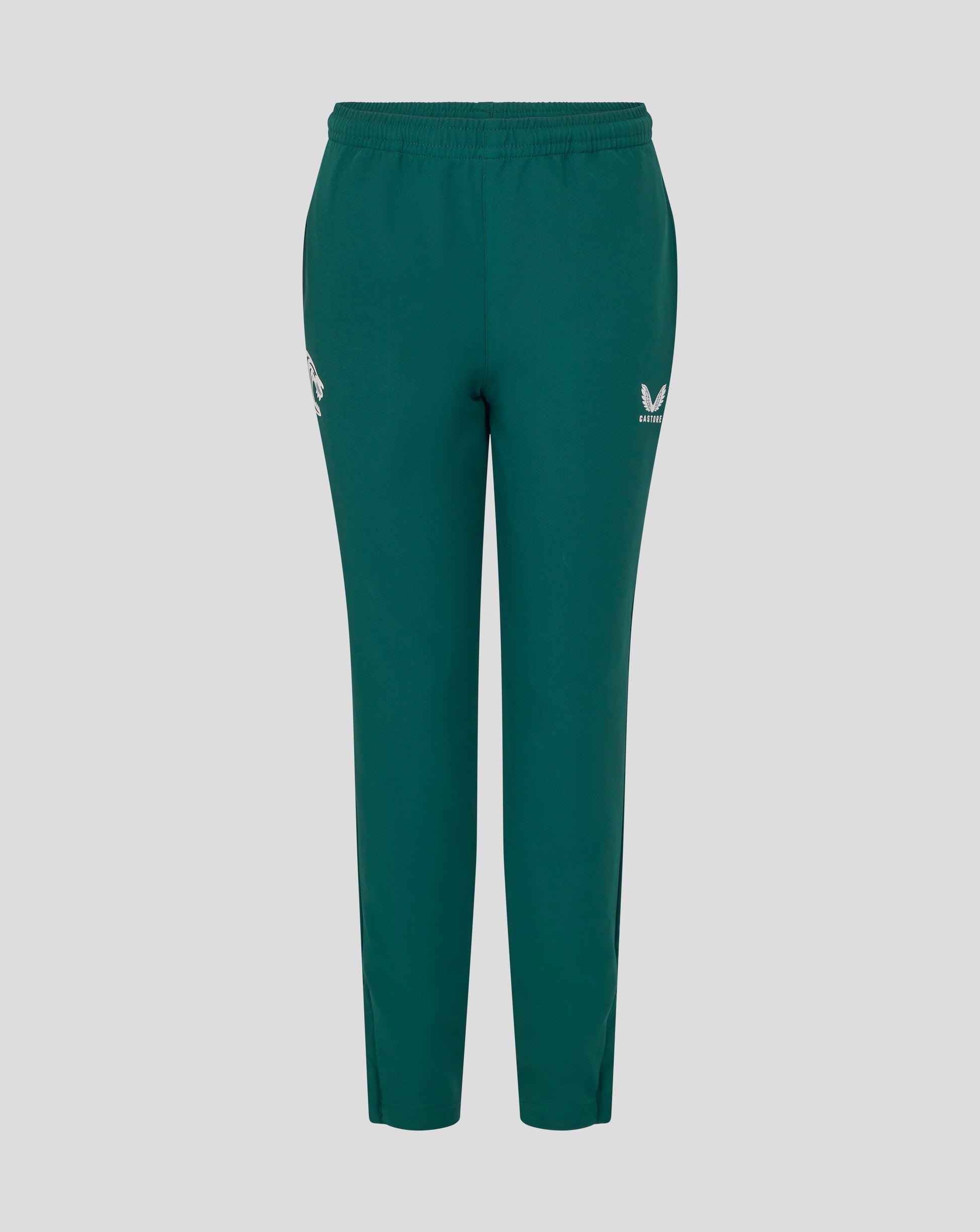 Botanical green junior training track pants shown from the back with elastic waistband.