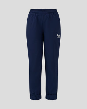 Junior navy rugby pants with elastic cuffs and Castore logo on the thigh