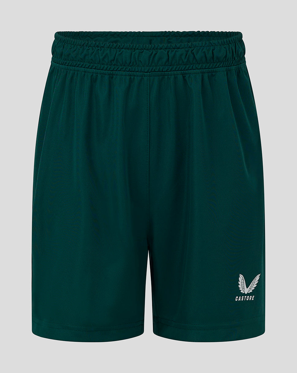 Dark green junior match shorts with elastic waistband drawcord channel and Castore logo