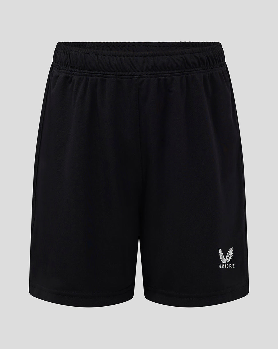 Black junior match shorts with elastic waistband and Castore logo on the lower right leg