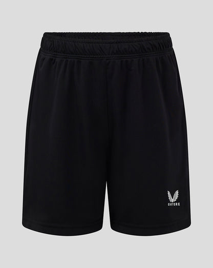 Black junior match shorts with elastic waistband and Castore logo on the lower right leg