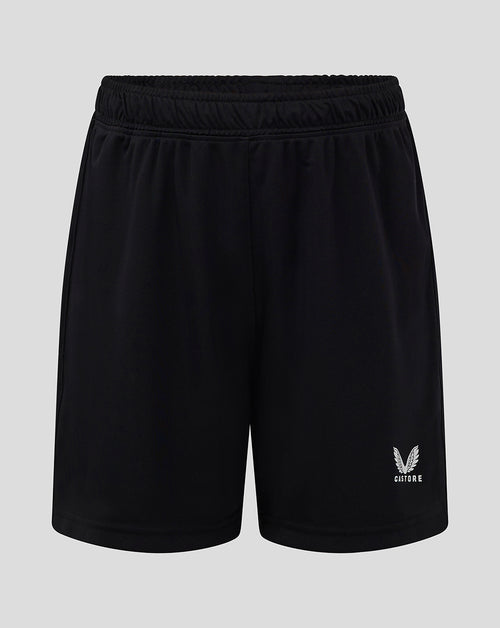 Black junior match shorts with elastic waistband and Castore logo on the lower right leg