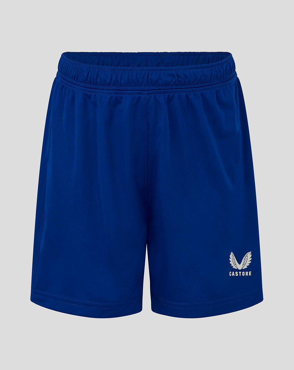 Blue junior match shorts with elastic waistband and heat sealed Castore logo on the right leg