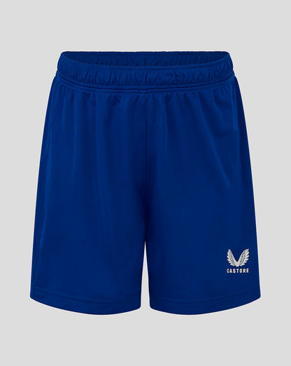 Blue junior match shorts with elastic waistband and heat sealed Castore logo on the right leg